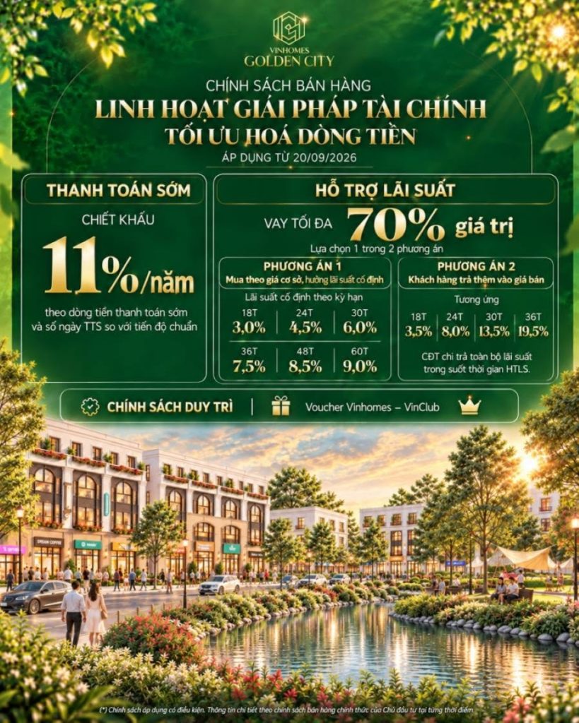 Chính sách bán hàng Vinhomes Golden City T9/2026: Hỗ trợ vay 70%, chiết khấu 11%/năm